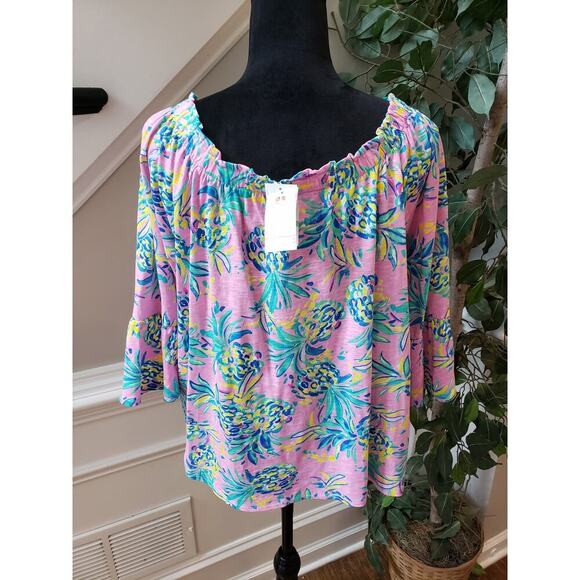 Stella Parker Blouse Top Womens L Pink Floral Flare Sleeve Round Neck Pullover - Picture 4 of 11